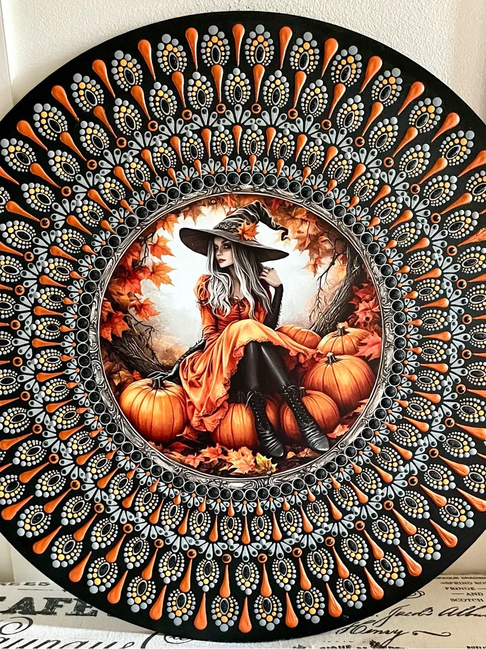Autumn Witch Pumpkin Mandala Wall Decor - Orange & Black 16 inches